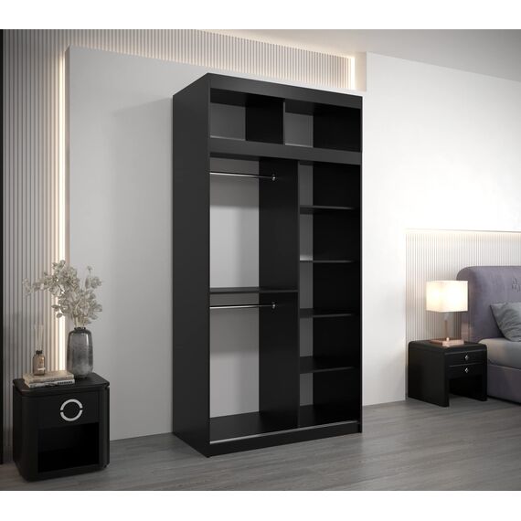 Kryspol Schwebetürenschrank York 120 cm Kleiderschrank mit Kleiderstange und Einlegeboden Schlafzimmer- Wohnzimmerschrank Schiebetüren Modern Design (Schwarz + Artisan Eiche mit Erweiterung)