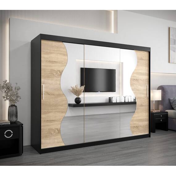 KRYSPOL Schwebetürenschrank Madryt 250 cm mit Spiegel Kleiderschrank mit Kleiderstange und Einlegeboden Schlafzimmer- Wohnzimmerschrank Schiebetüren Modern Design (Schwarz + Sonoma)