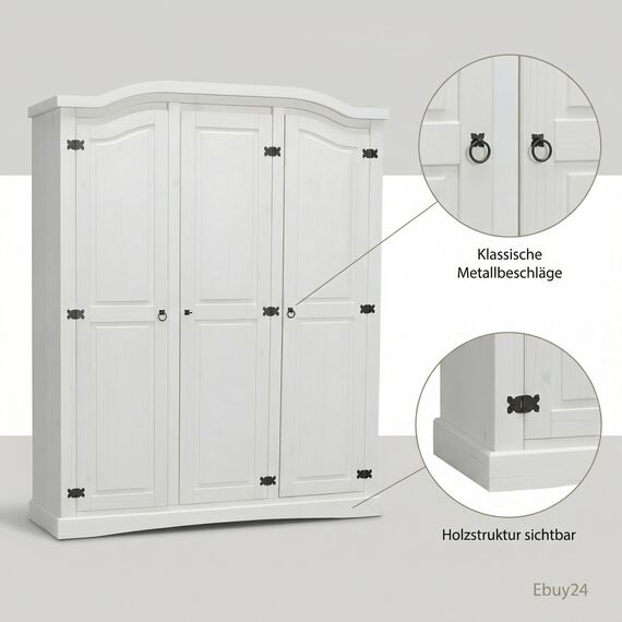 Hacienda-Look – 3trg massiv Kiefer Mexico Kleiderschrank "New Mexiko" Schlafzimmer-Schrank weiß – H193xB 152xT 54,5 cm – massive Kiefer – Farbe Weiß – Hacienda-Stil – wärmender Massivholz-Look fürs