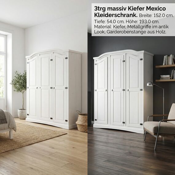 Hacienda-Look – 3trg massiv Kiefer Mexico Kleiderschrank "New Mexiko" Schlafzimmer-Schrank weiß – H193xB 152xT 54,5 cm – massive Kiefer – Farbe Weiß – Hacienda-Stil – wärmender Massivholz-Look fürs