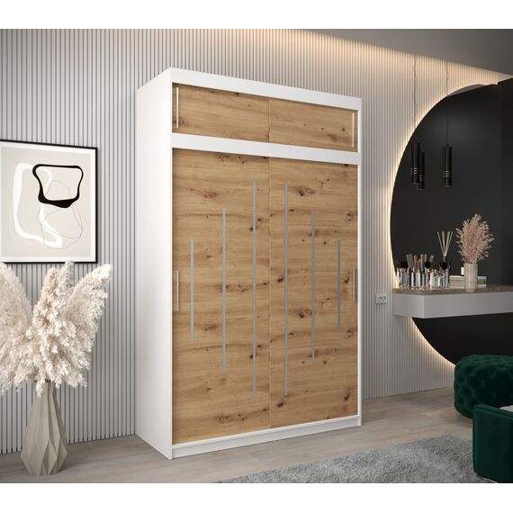 Kryspol Schwebetürenschrank York 150 cm Kleiderschrank mit Kleiderstange und Einlegeboden Schlafzimmer- Wohnzimmerschrank Schiebetüren Modern Design (Weiß + Artisan Eiche mit Erweiterung)