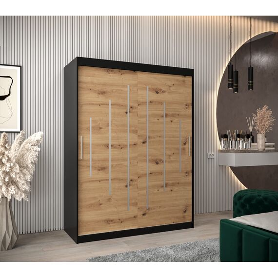 MEBLE KRYSPOL - Kleiderschrank, Schlafzimmerschrank - Schrank Zwei Türen - 4 Fachböden, 2 Stangen, Fachboden - Garderobenschrank York, Körperfarbe Schwarz, Frontfarbe Artisan - 150x62x200cm