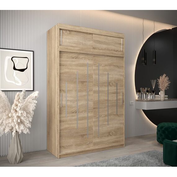 Kryspol Schwebetürenschrank York 150 cm Kleiderschrank mit Kleiderstange und Einlegeboden Schlafzimmer- Wohnzimmerschrank Schiebetüren Modern Design (Sonoma mit Erweiterung)