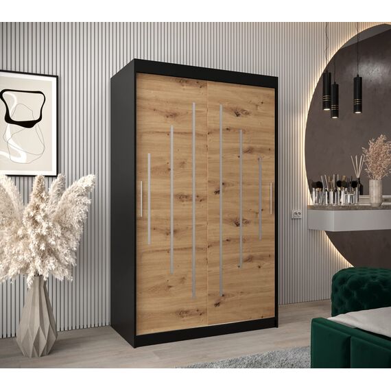 MEBLE KRYSPOL - Kleiderschrank, Schlafzimmerschrank - Schrank Zwei Türen - 4 Fachböden, 2 Stangen, Fachboden - Garderobenschrank York, Körperfarbe Schwarz, Frontfarbe Artisan - 120x62x200cm