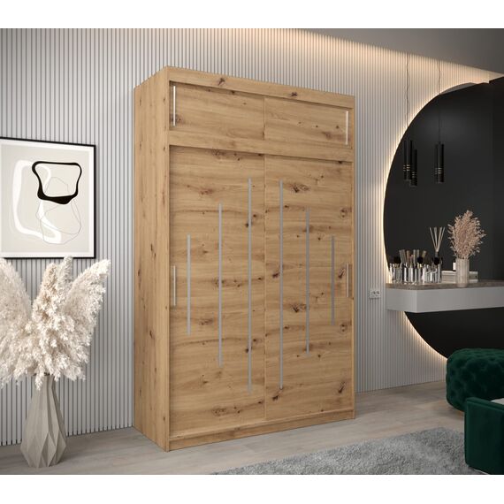 Kryspol Schwebetürenschrank York 150 cm Kleiderschrank mit Kleiderstange und Einlegeboden Schlafzimmer- Wohnzimmerschrank Schiebetüren Modern Design (Artisan Eiche mit Erweiterung)
