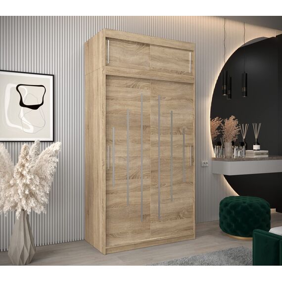 Kryspol Schwebetürenschrank York 120 cm Kleiderschrank mit Kleiderstange und Einlegeboden Schlafzimmer- Wohnzimmerschrank Schiebetüren Modern Design (Sonoma mit Erweiterung)