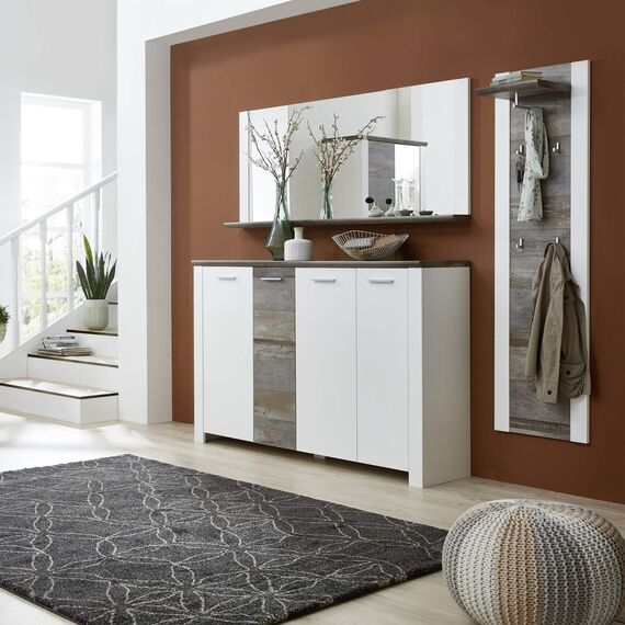Stella Trading MATEO Schmale Garderobenleiste in Weiß mit Driftwood Optik - Moderne Hutablage & zuverlässige Wandhaken für Jacken & Taschen - 48 x 170 x 29 cm (B/H/T)