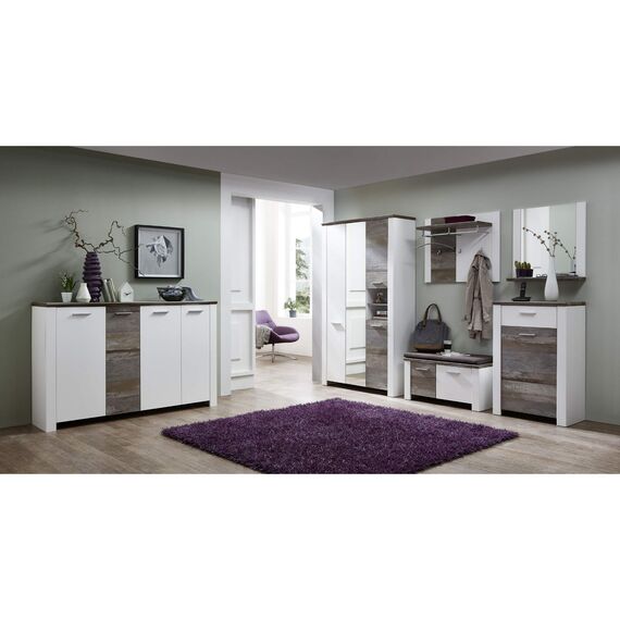 Stella Trading MATEO Garderoben Set in Weiß mit Driftwood Optik - Moderne Flurgarderobe für Ihren Eingangsbereich - 301 x 198 x 39 cm (B/H/T)