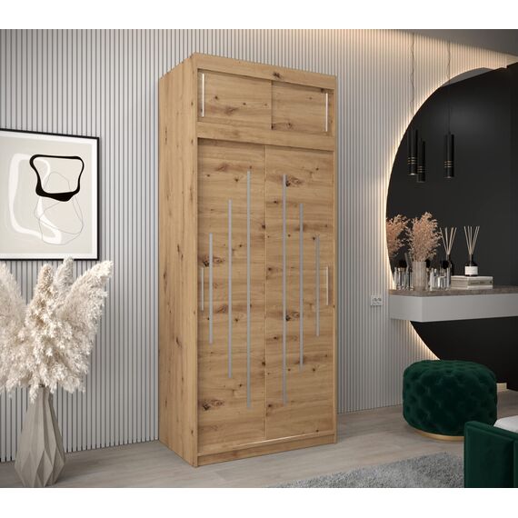 Kryspol Schwebetürenschrank York 100 cm Kleiderschrank mit Kleiderstange und Einlegeboden Schlafzimmer- Wohnzimmerschrank Schiebetüren Modern Design (Artisan Eiche mit Erweiterung)
