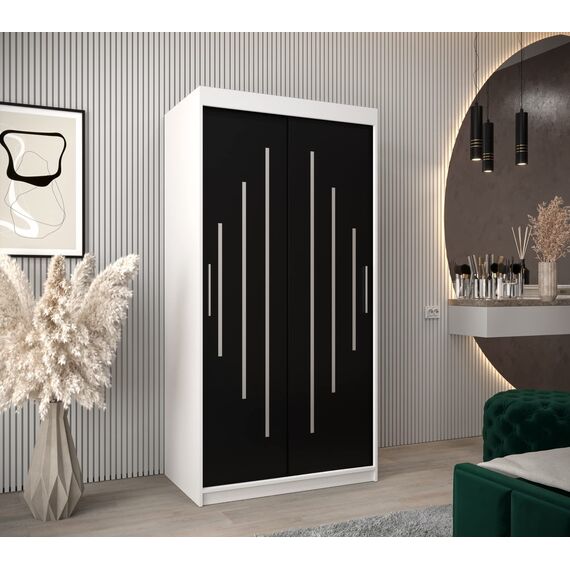 MEBLE KRYSPOL - Kleiderschrank, Schlafzimmerschrank - Schrank Zwei Türen - 4 Fachböden, 2 Stangen, Fachboden - Garderobenschrank York, Körperfarbe Weiß, Frontfarbe Schwarz - 100x62x200cm
