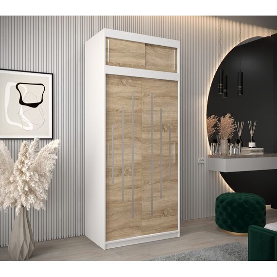 Kryspol Schwebetürenschrank York 100 cm Kleiderschrank mit Kleiderstange und Einlegeboden Schlafzimmer- Wohnzimmerschrank Schiebetüren Modern Design (Weiß + Sonoma mit Erweiterung)