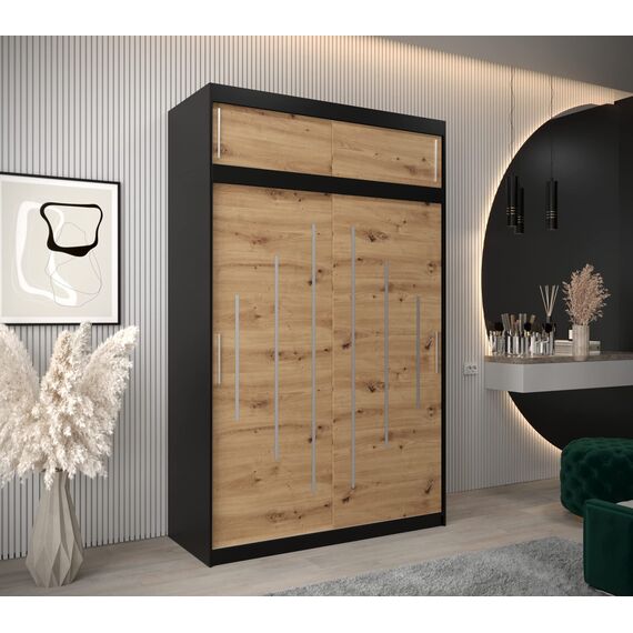 Kryspol Schwebetürenschrank York 150 cm Kleiderschrank mit Kleiderstange und Einlegeboden Schlafzimmer- Wohnzimmerschrank Schiebetüren Modern Design (Schwarz + Artisan Eiche mit Erweiterung)
