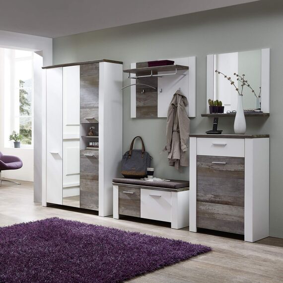 Stella Trading MATEO Garderoben Set in Weiß mit Driftwood Optik - Moderne Flurgarderobe für Ihren Eingangsbereich - 301 x 198 x 39 cm (B/H/T)