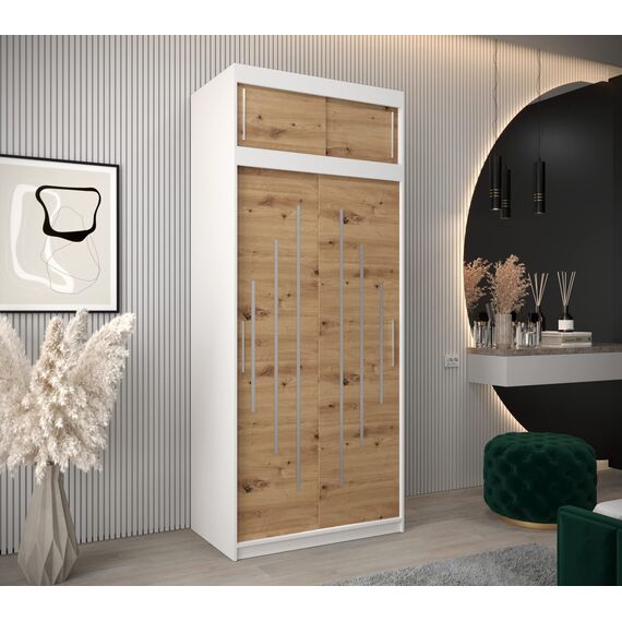 Kryspol Schwebetürenschrank York 100 cm Kleiderschrank mit Kleiderstange und Einlegeboden Schlafzimmer- Wohnzimmerschrank Schiebetüren Modern Design (Weiß + Artisan Eiche mit Erweiterung)