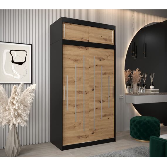 Kryspol Schwebetürenschrank York 120 cm Kleiderschrank mit Kleiderstange und Einlegeboden Schlafzimmer- Wohnzimmerschrank Schiebetüren Modern Design (Schwarz + Artisan Eiche mit Erweiterung)