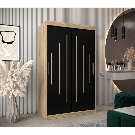 MEBLE KRYSPOL - Kleiderschrank, Schlafzimmerschrank - Schrank Zwei Türen - 4 Fachböden, 2 Stangen, Fachboden - Garderobenschrank York, Körperfarbe Sonoma, Frontfarbe Schwarz - 120x62x200cm