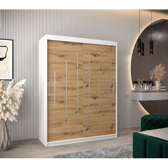 MEBLE KRYSPOL - Kleiderschrank, Schlafzimmerschrank - Schrank Zwei Türen - 4 Fachböden, 2 Stangen, Fachboden - Garderobenschrank York, Körperfarbe Weiß, Frontfarbe Artisan - 150x62x200cm