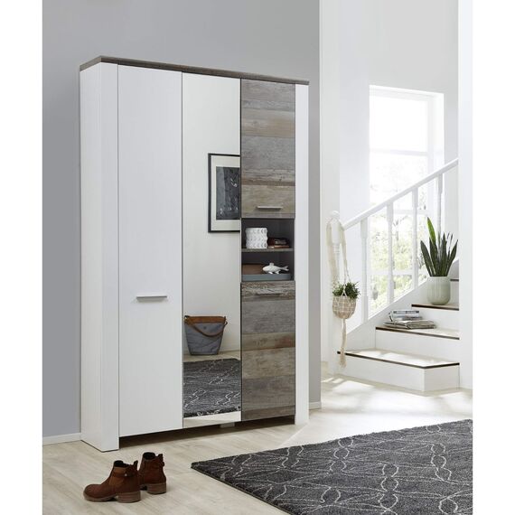 Stella Trading MATEO Garderobenschrank in Weiß mit Driftwood Optik - Moderner Flurgarderoben Schrank mit Spiegeltür - 112 x 198 x 39 cm (B/H/T)