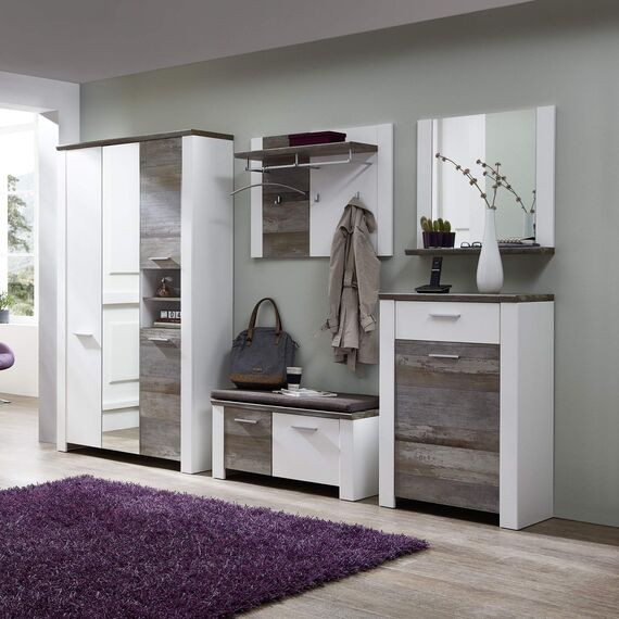 Stella Trading MATEO Breite Garderobenleiste in Weiß mit Driftwood Optik - Moderne Hutablage & zuverlässige Wandhaken für Jacken & Taschen - 90 x 70 x 29 cm (B/H/T)