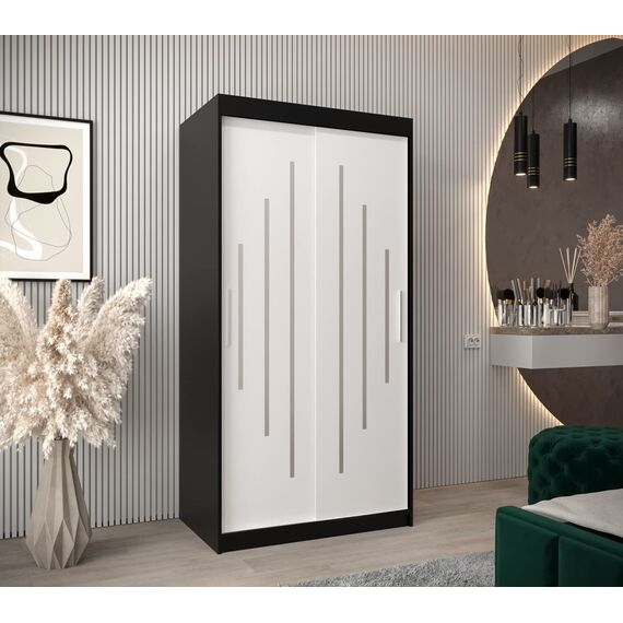 MEBLE KRYSPOL - Kleiderschrank, Schlafzimmerschrank - Schrank Zwei Türen - 4 Fachböden, 2 Stangen, Fachboden - Garderobenschrank York, Körperfarbe Schwarz, Frontfarbe Weiß - 100x62x200cm