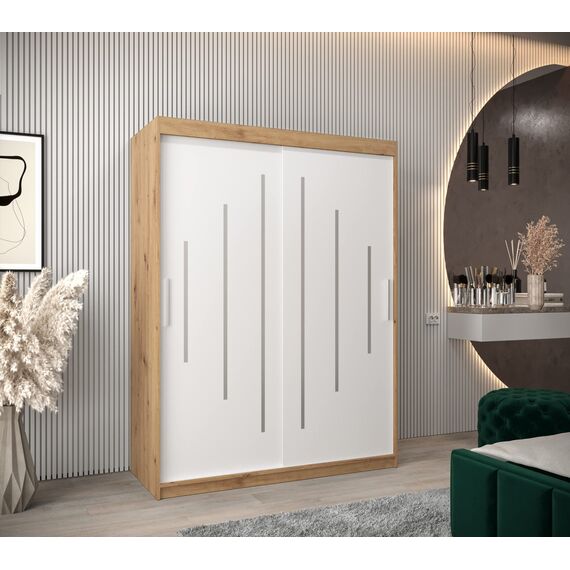 MEBLE KRYSPOL - Kleiderschrank, Schlafzimmerschrank - Schrank Zwei Türen - 4 Fachböden, 2 Stangen, Fachboden - Garderobenschrank York, Körperfarbe Artisan, Frontfarbe Weiß - 150x62x200cm