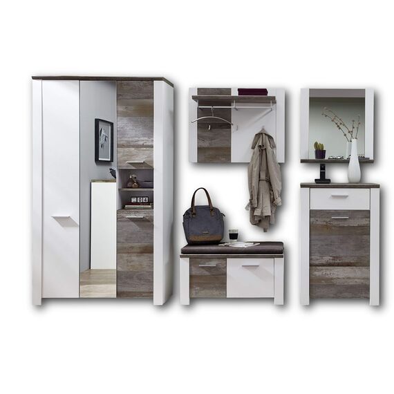 Stella Trading MATEO Garderoben Set in Weiß mit Driftwood Optik - Moderne Flurgarderobe für Ihren Eingangsbereich - 301 x 198 x 39 cm (B/H/T)
