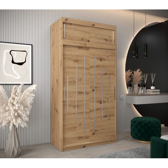 Kryspol Schwebetürenschrank York 120 cm Kleiderschrank mit Kleiderstange und Einlegeboden Schlafzimmer- Wohnzimmerschrank Schiebetüren Modern Design (Artisan Eiche mit Erweiterung)