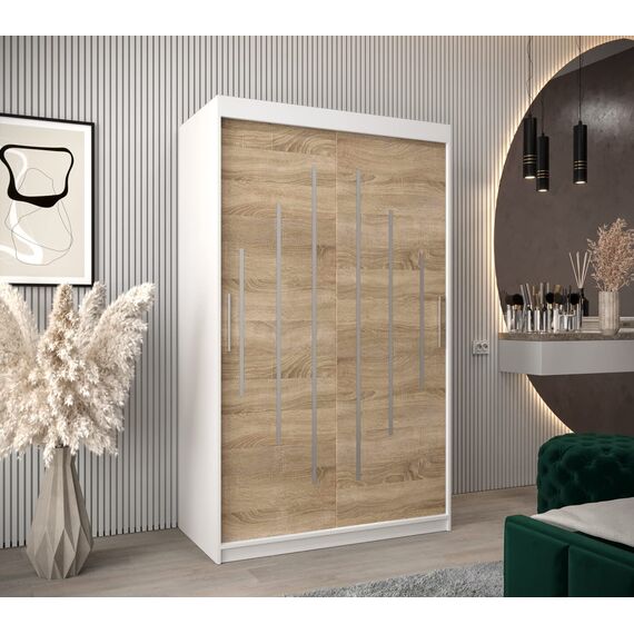 MEBLE KRYSPOL - Kleiderschrank, Schlafzimmerschrank - Schrank Zwei Türen - 4 Fachböden, 2 Stangen, Fachboden - Garderobenschrank York, Körperfarbe Weiß, Frontfarbe Sonoma - 120x62x200cm