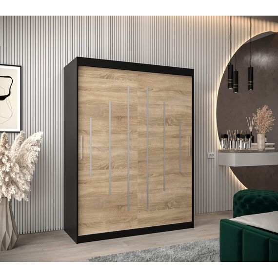 MEBLE KRYSPOL - Kleiderschrank, Schlafzimmerschrank - Schrank Zwei Türen - 4 Fachböden, 2 Stangen, Fachboden - Garderobenschrank York, Körperfarbe Schwarz, Frontfarbe Sonoma - 150x62x200cm