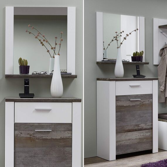 Stella Trading MATEO Wandspiegel in Weiß mit Driftwood Optik - hochwertiger, pflegeleichter Spiegel für Flur & Garderobe - 66 x 70 x 14 cm (B/H/T)