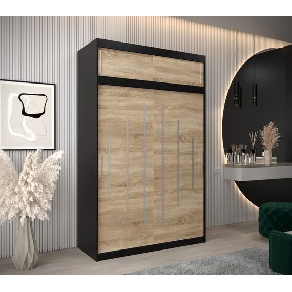 Kryspol Schwebetürenschrank York 150 cm Kleiderschrank mit Kleiderstange und Einlegeboden Schlafzimmer- Wohnzimmerschrank Schiebetüren Modern Design (Schwarz + Sonoma mit Erweiterung)