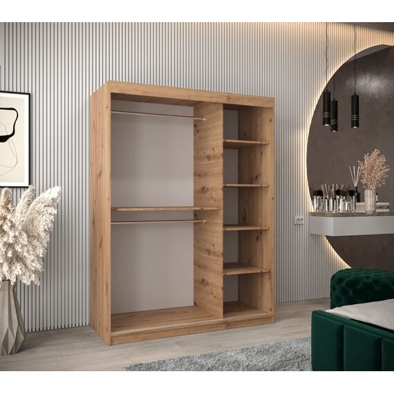 MEBLE KRYSPOL - Kleiderschrank, Schlafzimmerschrank - Schrank Zwei Türen - 4 Fachböden, 2 Stangen, Fachboden - Garderobenschrank York, Körperfarbe Artisan, Frontfarbe Weiß - 150x62x200cm