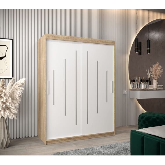 MEBLE KRYSPOL - Kleiderschrank, Schlafzimmerschrank - Schrank Zwei Türen - 4 Fachböden, 2 Stangen, Fachboden - Garderobenschrank York, Körperfarbe Sonoma, Frontfarbe Weiß - 150x62x200cm
