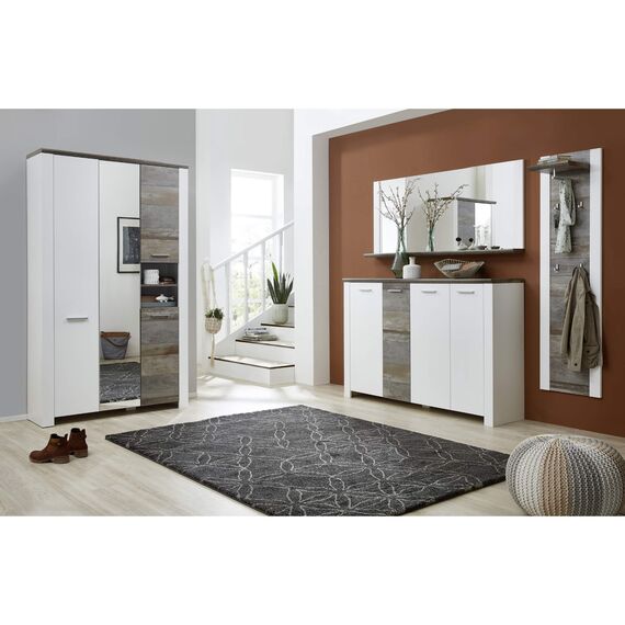 Stella Trading MATEO Garderobenschrank in Weiß mit Driftwood Optik - Moderner Flurgarderoben Schrank mit Spiegeltür - 112 x 198 x 39 cm (B/H/T)