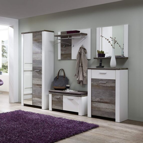 Stella Trading MATEO Schuhbank mit Sitzfläche in Weiß mit Driftwood Optik - bequeme Sitzbank mit Stauraum für Ihren Flur - 90 x 50 x 39 cm (B/H/T)