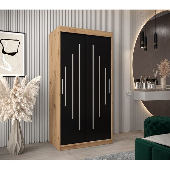 MEBLE KRYSPOL - Kleiderschrank, Schlafzimmerschrank - Schrank Zwei Türen - 4 Fachböden, 2 Stangen, Fachboden - Garderobenschrank York, Körperfarbe Artisan, Frontfarbe Schwarz - 100x62x200cm