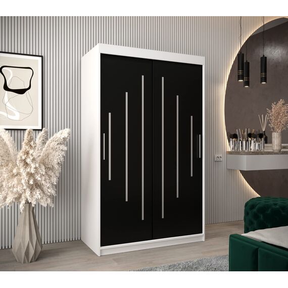 MEBLE KRYSPOL - Kleiderschrank, Schlafzimmerschrank - Schrank Zwei Türen - 4 Fachböden, 2 Stangen, Fachboden - Garderobenschrank York, Körperfarbe Weiß, Frontfarbe Schwarz - 120x62x200cm