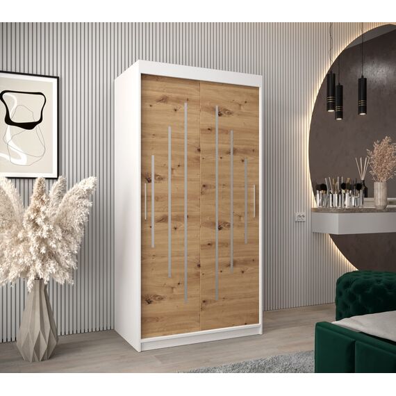 MEBLE KRYSPOL - Kleiderschrank, Schlafzimmerschrank - Schrank Zwei Türen - 4 Fachböden, 2 Stangen, Fachboden - Garderobenschrank York, Körperfarbe Weiß, Frontfarbe Artisan - 100x62x200cm