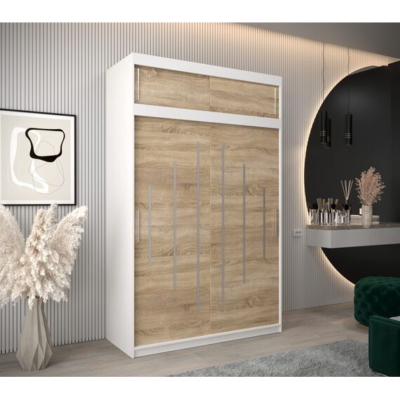 Kryspol Schwebetürenschrank York 150 cm Kleiderschrank mit Kleiderstange und Einlegeboden Schlafzimmer- Wohnzimmerschrank Schiebetüren Modern Design (Weiß + Sonoma mit Erweiterung)