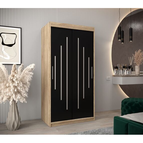 MEBLE KRYSPOL - Kleiderschrank, Schlafzimmerschrank - Schrank Zwei Türen - 4 Fachböden, 2 Stangen, Fachboden - Garderobenschrank York, Körperfarbe Sonoma, Frontfarbe Schwarz - 100x62x200cm