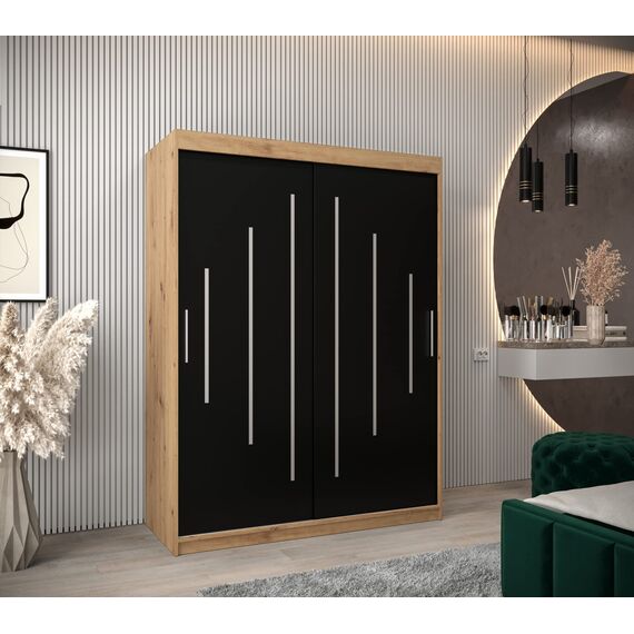 MEBLE KRYSPOL - Kleiderschrank, Schlafzimmerschrank - Schrank Zwei Türen - 4 Fachböden, 2 Stangen, Fachboden - Garderobenschrank York, Körperfarbe Artisan, Frontfarbe Schwarz - 150x62x200cm