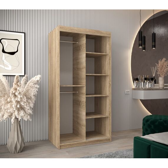 MEBLE KRYSPOL - Kleiderschrank, Schlafzimmerschrank - Schrank Zwei Türen - 4 Fachböden, 2 Stangen, Fachboden - Garderobenschrank York, Körperfarbe Sonoma, Frontfarbe Schwarz - 100x62x200cm