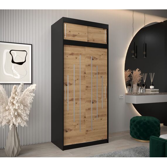 Kryspol Schwebetürenschrank York 100 cm Kleiderschrank mit Kleiderstange und Einlegeboden Schlafzimmer- Wohnzimmerschrank Schiebetüren Modern Design (Schwarz + Artisan Eiche mit Erweiterung)