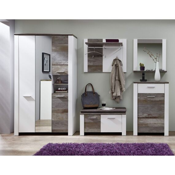 Stella Trading MATEO Garderoben Set in Weiß mit Driftwood Optik - Moderne Flurgarderobe für Ihren Eingangsbereich - 301 x 198 x 39 cm (B/H/T)