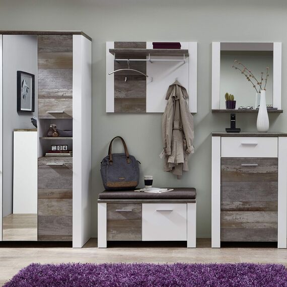 Stella Trading MATEO Breite Garderobenleiste in Weiß mit Driftwood Optik - Moderne Hutablage & zuverlässige Wandhaken für Jacken & Taschen - 90 x 70 x 29 cm (B/H/T)