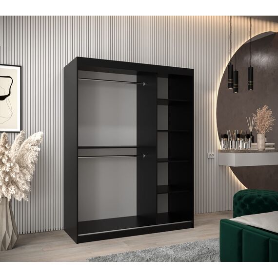 MEBLE KRYSPOL - Kleiderschrank, Schlafzimmerschrank - Schrank Zwei Türen - 4 Fachböden, 2 Stangen, Fachboden - Garderobenschrank York, Körperfarbe Schwarz, Frontfarbe Sonoma - 150x62x200cm