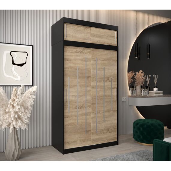 Kryspol Schwebetürenschrank York 120 cm Kleiderschrank mit Kleiderstange und Einlegeboden Schlafzimmer- Wohnzimmerschrank Schiebetüren Modern Design (Schwarz + Sonoma mit Erweiterung)