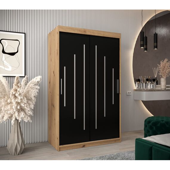 MEBLE KRYSPOL - Kleiderschrank, Schlafzimmerschrank - Schrank Zwei Türen - 4 Fachböden, 2 Stangen, Fachboden - Garderobenschrank York, Körperfarbe Artisan, Frontfarbe Schwarz - 120x62x200cm