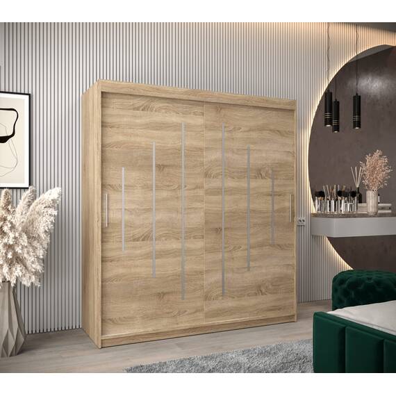 MEBLE KRYSPOL - Kleiderschrank, Schlafzimmerschrank - Schrank Zwei Türen - 4 Fächer rechts, Links, 2 Stangen, Fach - Garderobenschrank York, Körperfarbe Sonoma, Frontfarbe Sonoma - 180x62x200cm