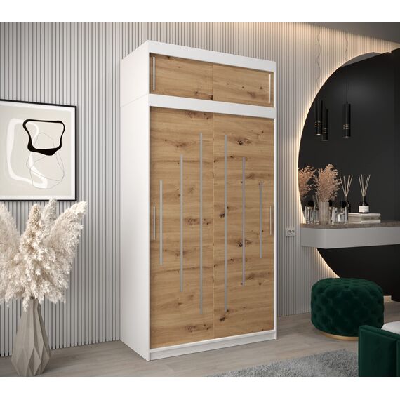 Kryspol Schwebetürenschrank York 120 cm Kleiderschrank mit Kleiderstange und Einlegeboden Schlafzimmer- Wohnzimmerschrank Schiebetüren Modern Design (Weiß + Artisan Eiche mit Erweiterung)